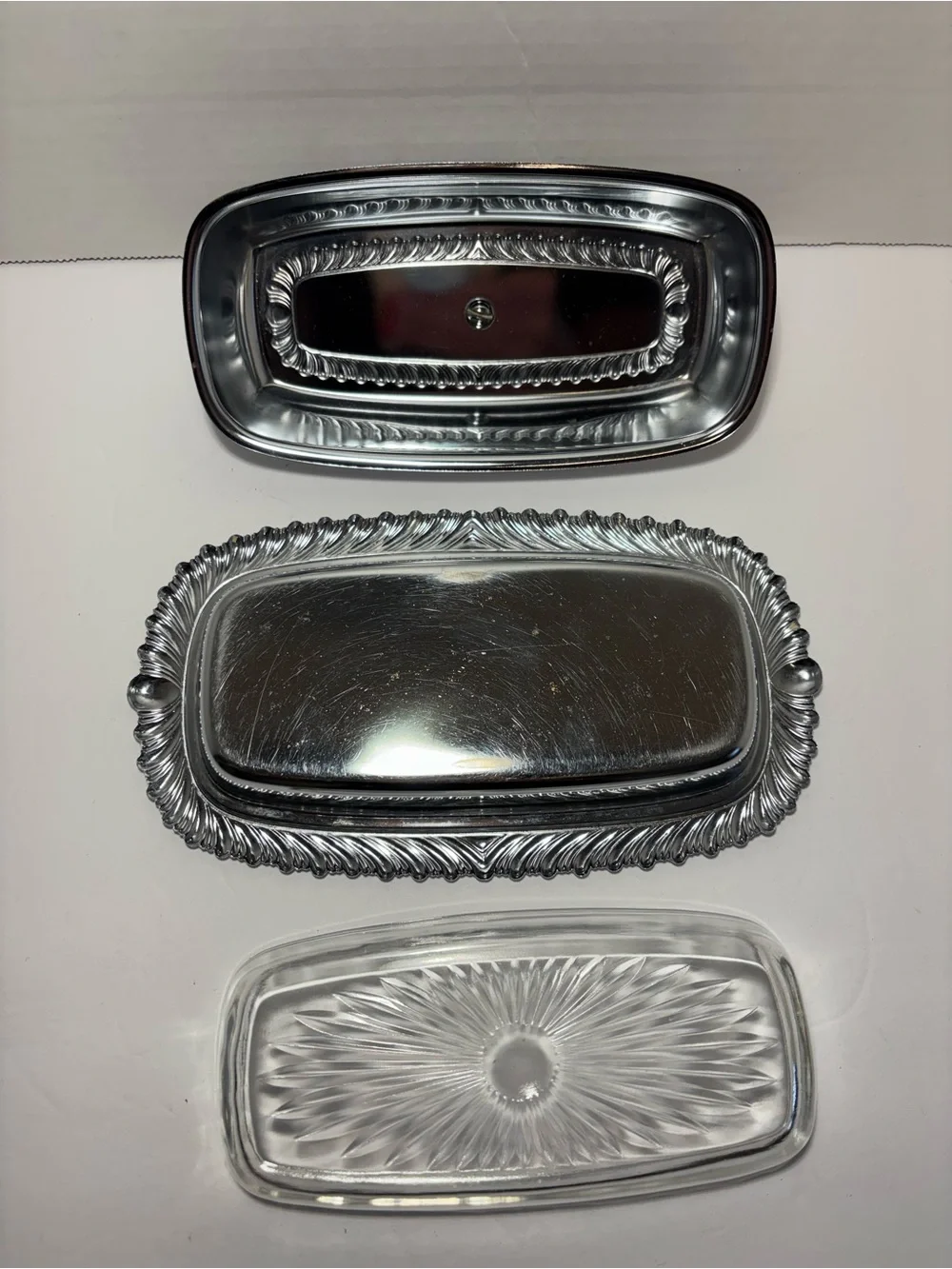 Butter Dish Glass Insert VTG Chromeplated Decorative Finial Lid